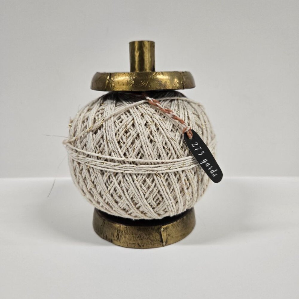 Rustic Wooden Spool of Yarn Beige Metallic Gold 275 Yards Cotton India